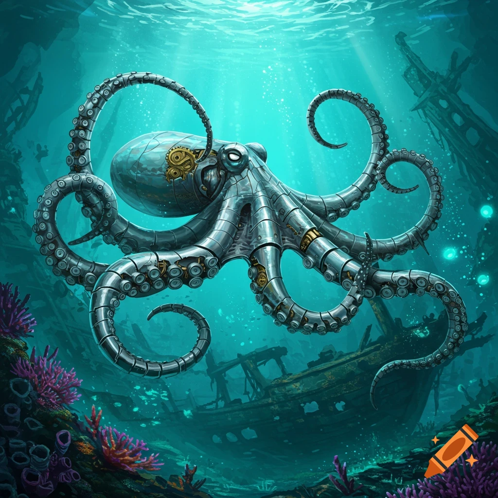 A detailed metal steampunk octopus with gears floats in a vibrant underwater scene above a sunken ship and coral.