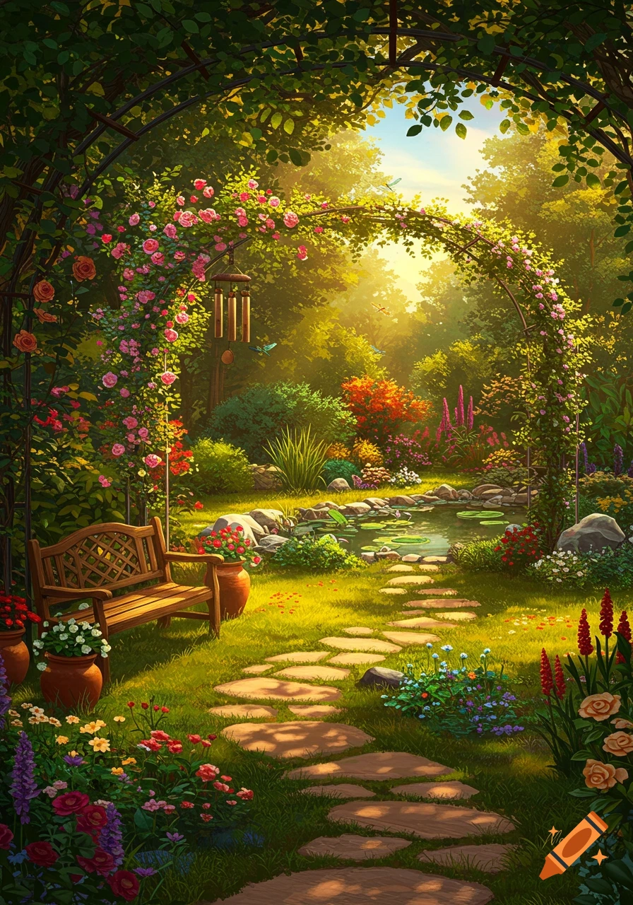 A lush, vibrant garden scene with a stone path leading through a flower-covered archway, past a pond, and a wooden bench, in an illustrative style.