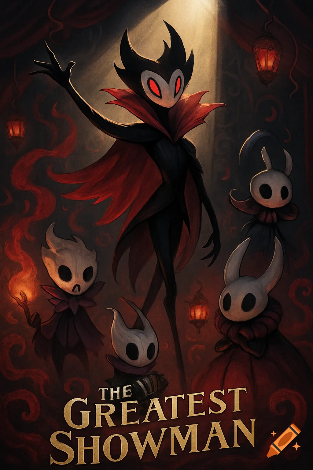 A dark fantasy poster featuring Grimm and several Grimmchild characters from Hollow Knight, with 'THE GREATEST SHOWMAN' text.