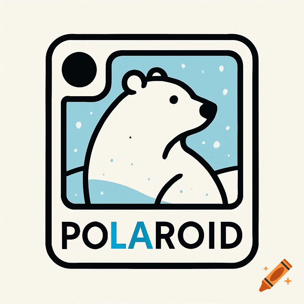 Minimalist vector logo of a polar bear within a camera frame, with 'POLAROID' text below.