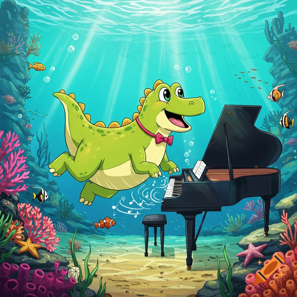 A happy green cartoon dinosaur with a pink bow tie swims underwater, playing a grand piano amidst coral and fish.