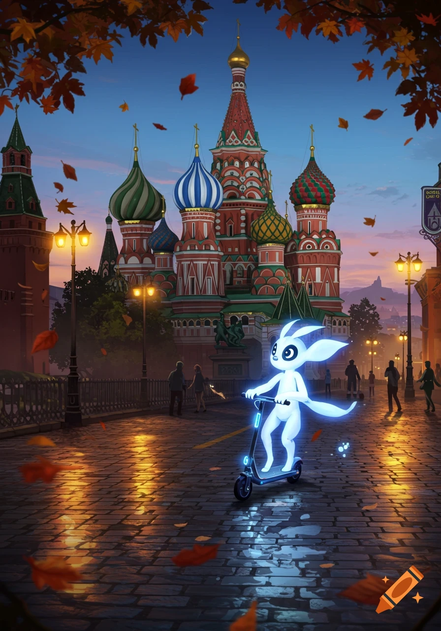 A glowing white fantasy creature, Ori, rides a kick scooter on a cobblestone street with falling autumn leaves, in front of a vibrant St. Basil's Cathedral at dusk.