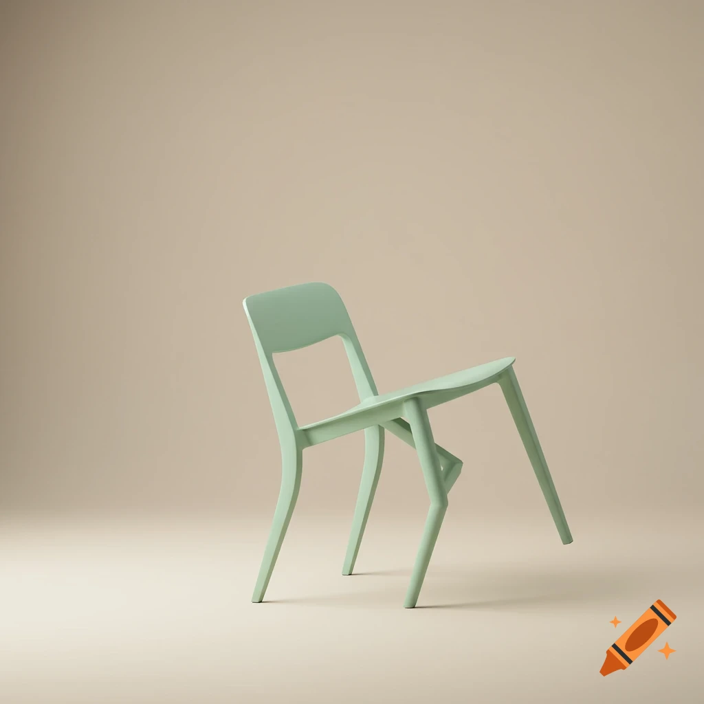 A minimalist sage green chair with one leg bent unnaturally, making it appear unusable, set against a plain beige background.