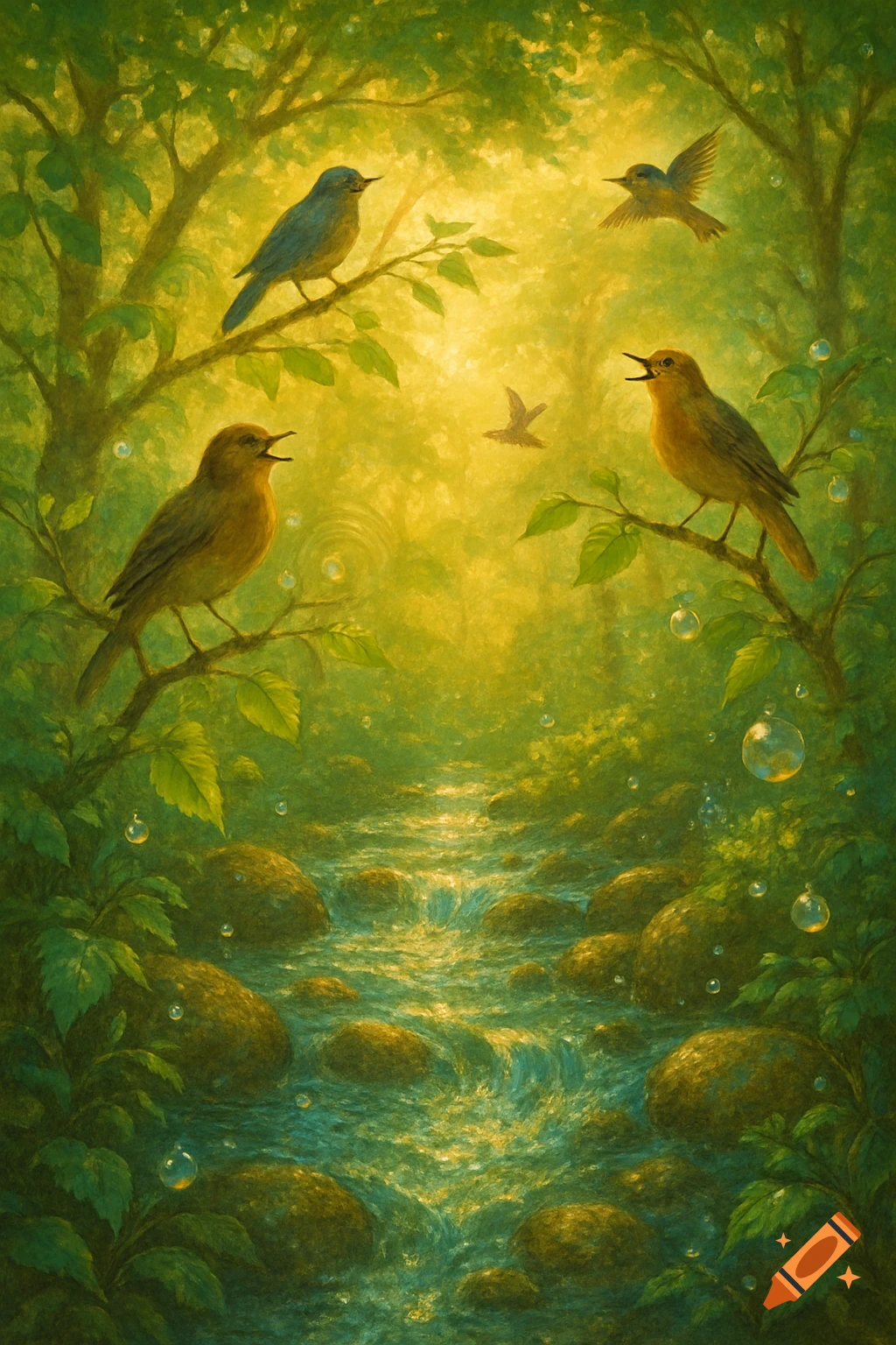 A vibrant green, painterly illustration of multiple birds in a sun-drenched forest with a rocky stream and glowing bubbles.
