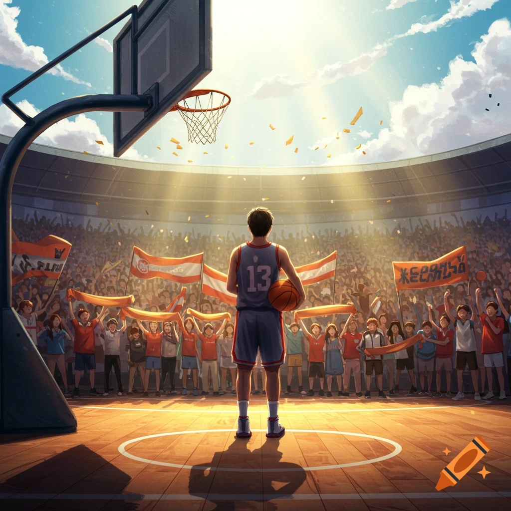 Illustrated view of a lone basketball player with the number 13 on their jersey, holding a ball on a court, facing a cheering crowd in a sunlit stadium.