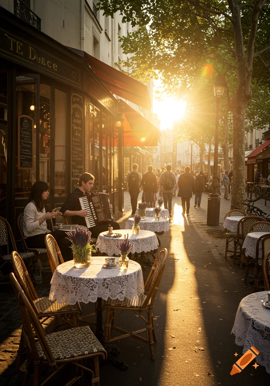 A street musician plays accordion outside a Parisian cafe during golden hour, with people walking by.