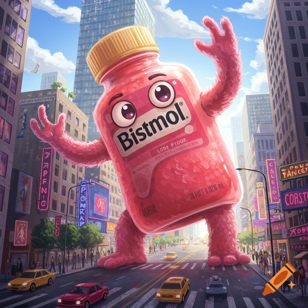 A giant pink monster bottle with furry arms and legs strides through a city street, towering over buildings and cars under a blue sky.