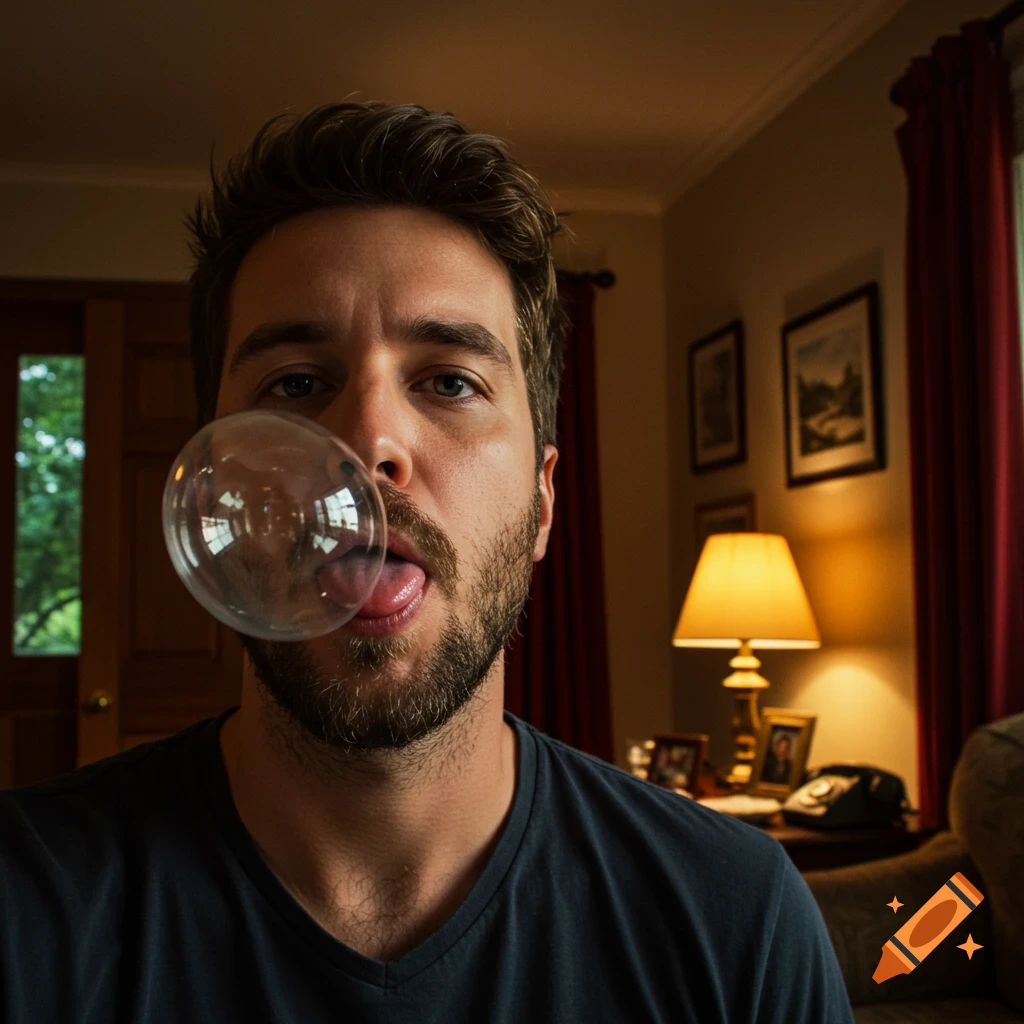 A bearded man in a dark gray t-shirt blowing a large clear spit bubble, his tongue visible inside, in a dim living room.