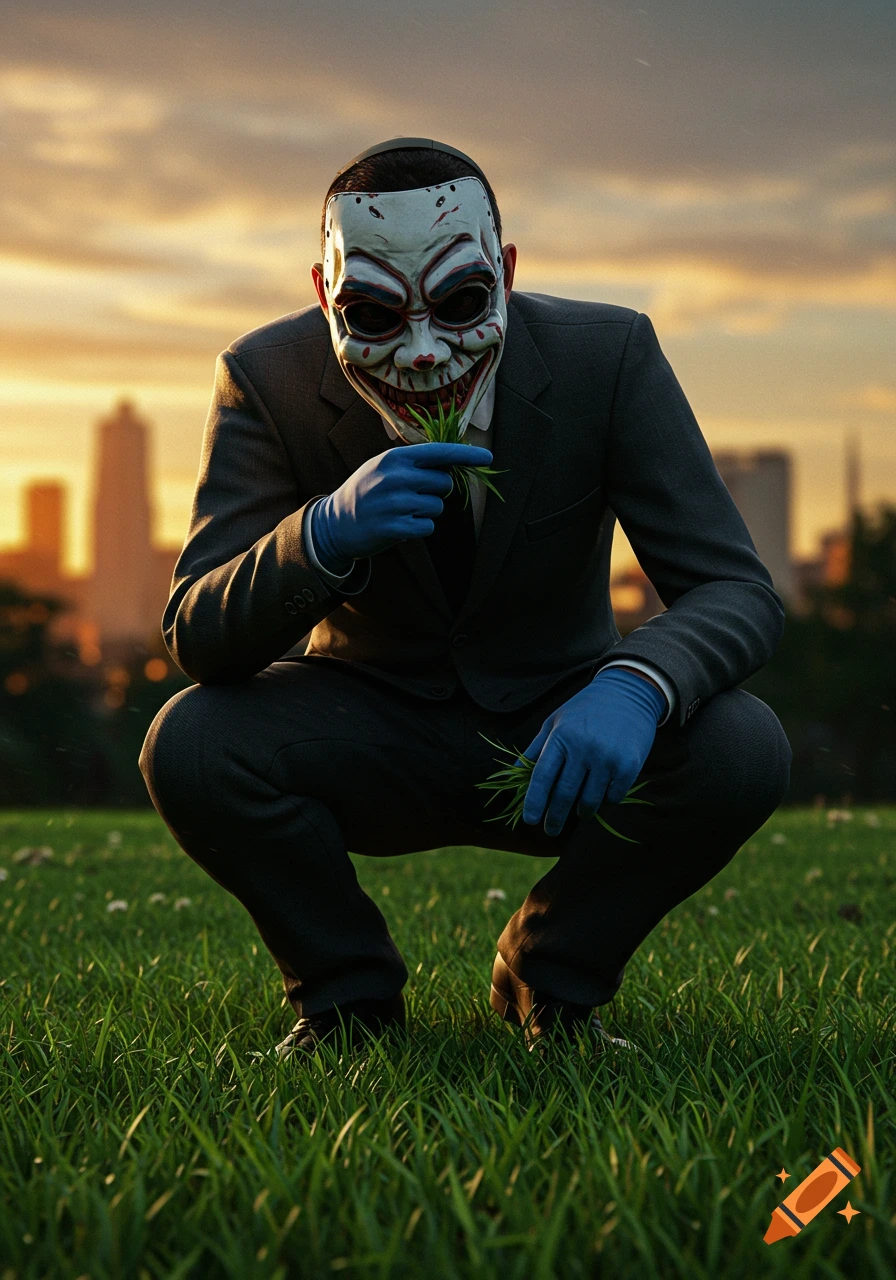 A person in a gray suit and blue gloves, wearing a white clown-like mask with a sinister smile, crouches in green grass. They hold a small clump of grass to their mask's mouth. A city skyline is silhouetted against an orange sunset background.