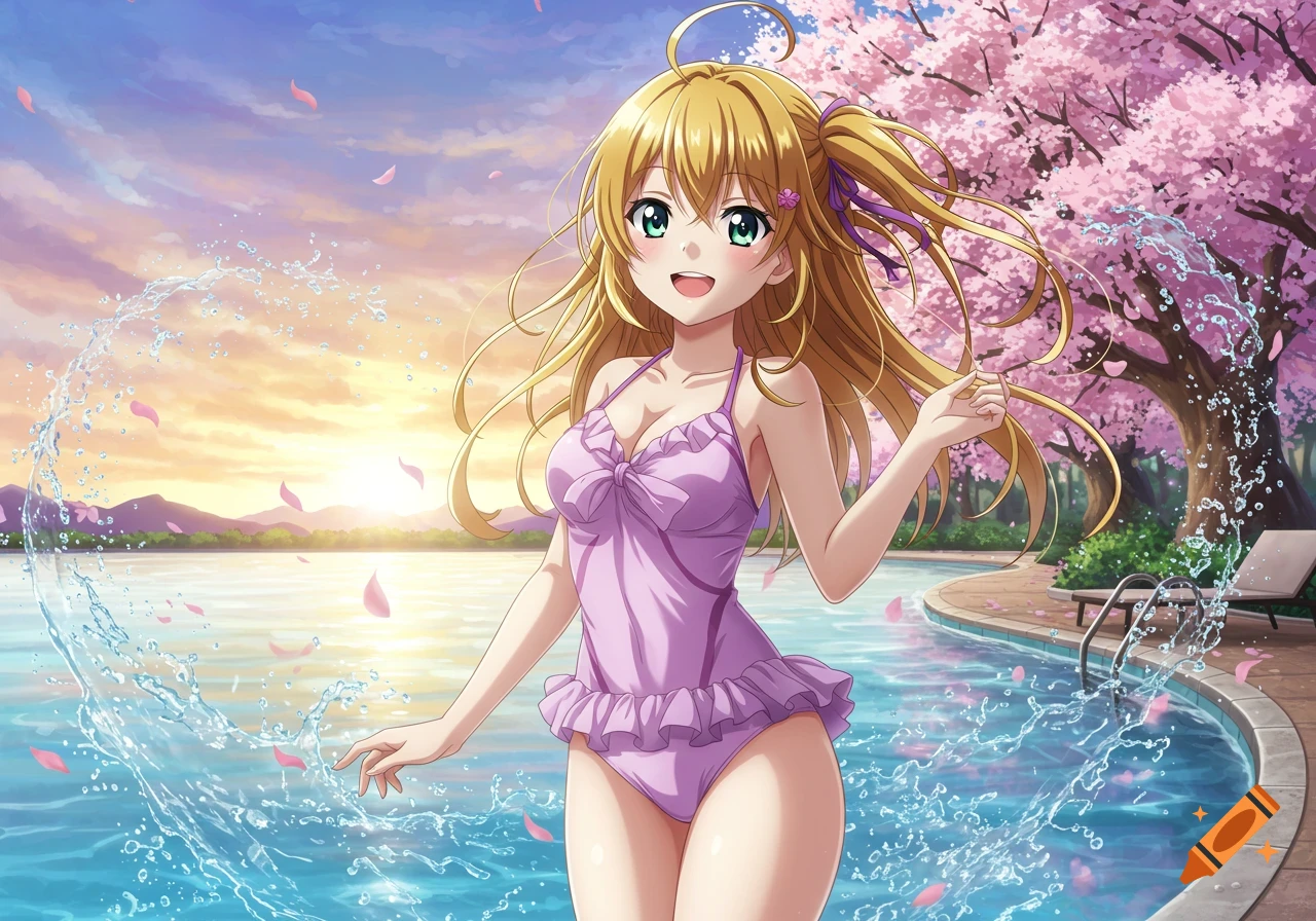 An anime girl in a light purple one-piece swimsuit stands in water, smiling, with cherry blossoms and a sunset over a lake.