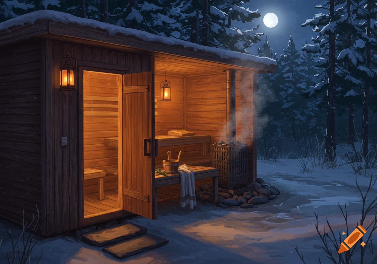 A warmly lit wooden sauna building in a snowy forest at night, with steam rising from a heater, under a bright full moon.