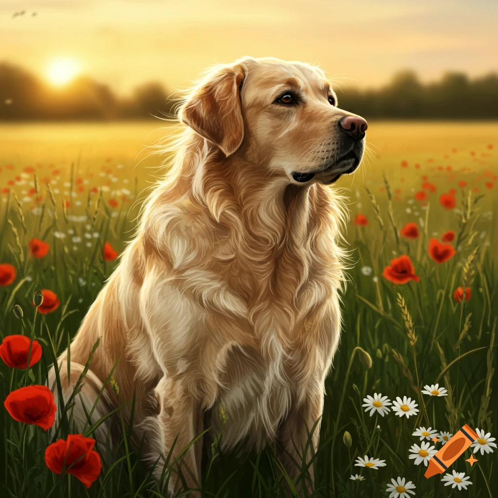 A golden retriever with long fur sits in a sunny field filled with red poppies and white daisies at sunset.