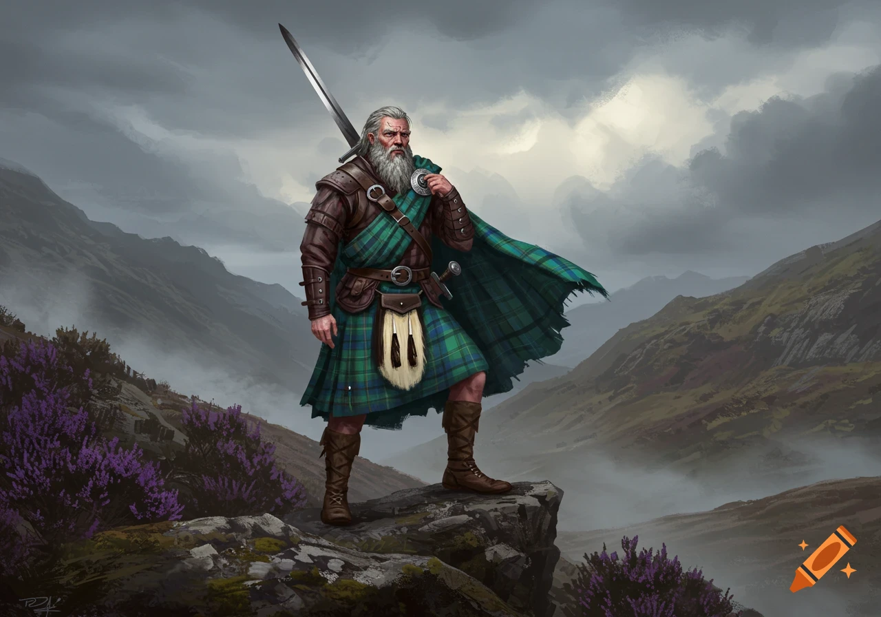 A gray-bearded Highlander in a kilt and plaid stands on a rocky mountain peak with a sword on his back, overlooking misty valleys.