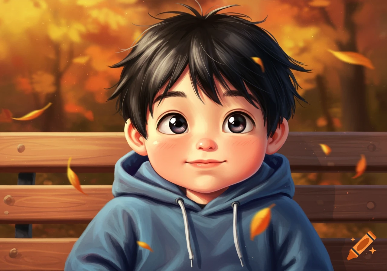 A cute anime boy with black hair and a blue hoodie sits on a park bench in an autumn setting with falling leaves.