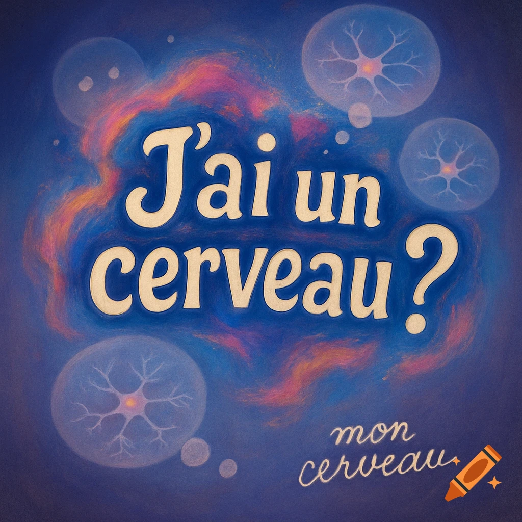 Conceptual illustration on a blue background with the text 'J ’ai un cerveau ?' and 'mon cerveau', surrounded by stylized neurons and colorful abstract forms.