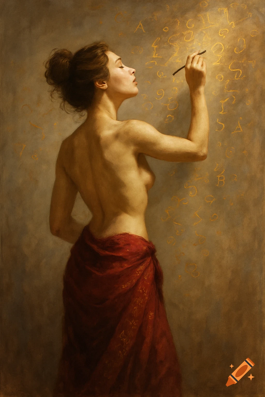 A classical painting of a woman, nude from the waist up, standing with her back to the viewer, writing golden symbols on a wall.