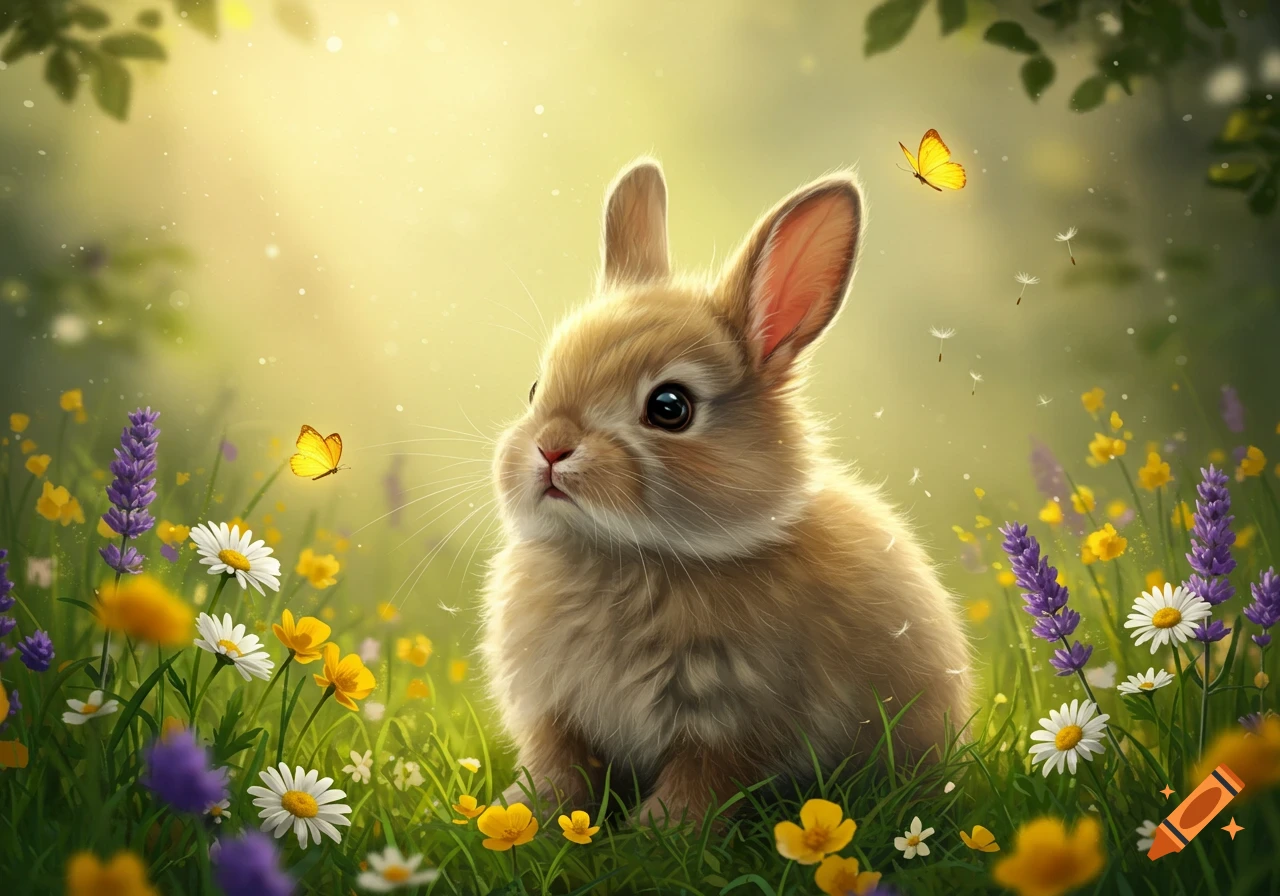 A fluffy baby rabbit with big eyes sits in a sunny field of colorful wildflowers and butterflies.