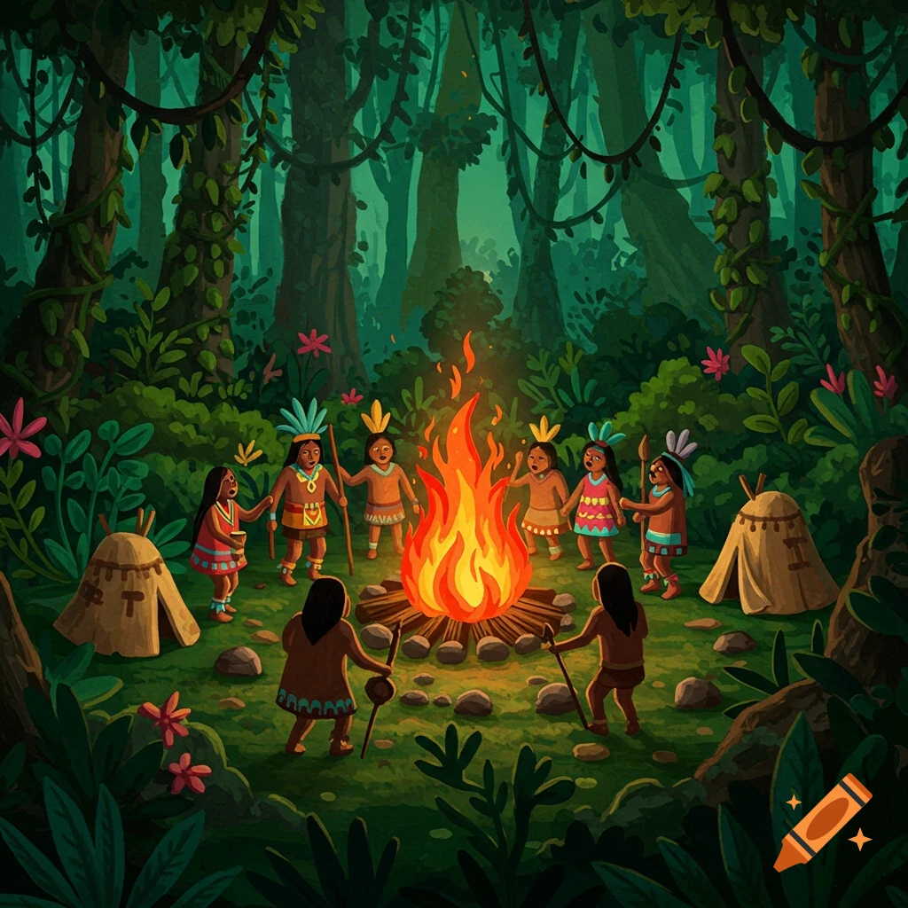 Playdough-style illustration of Inca people dancing around a campfire with tents in a dense rainforest.