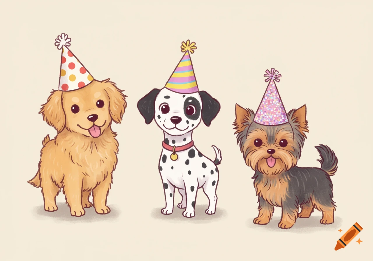 Three cute cartoon dogs, a golden retriever, a dalmatian, and a yorkshire terrier, each wearing a party hat.