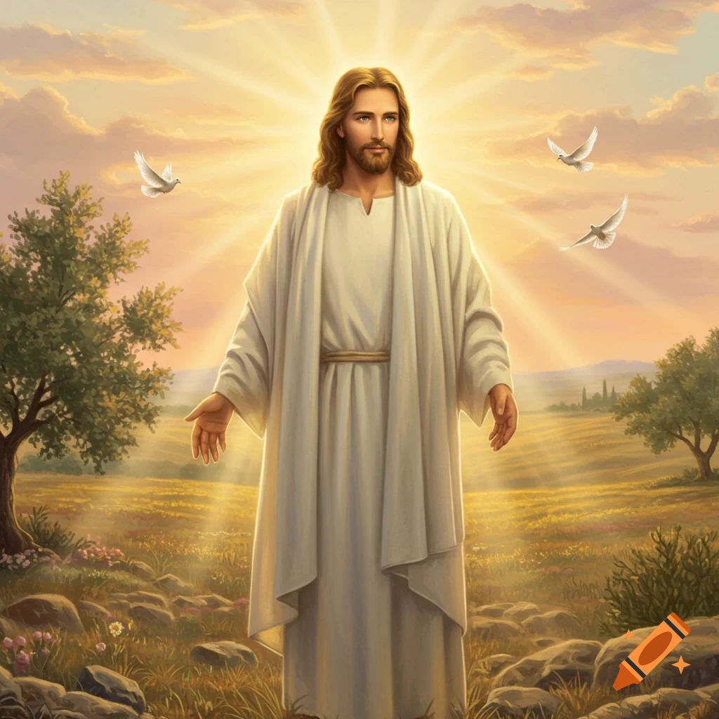Jesus Christ with a radiant halo, wearing white robes, stands in a golden field with doves flying under a glowing sky.