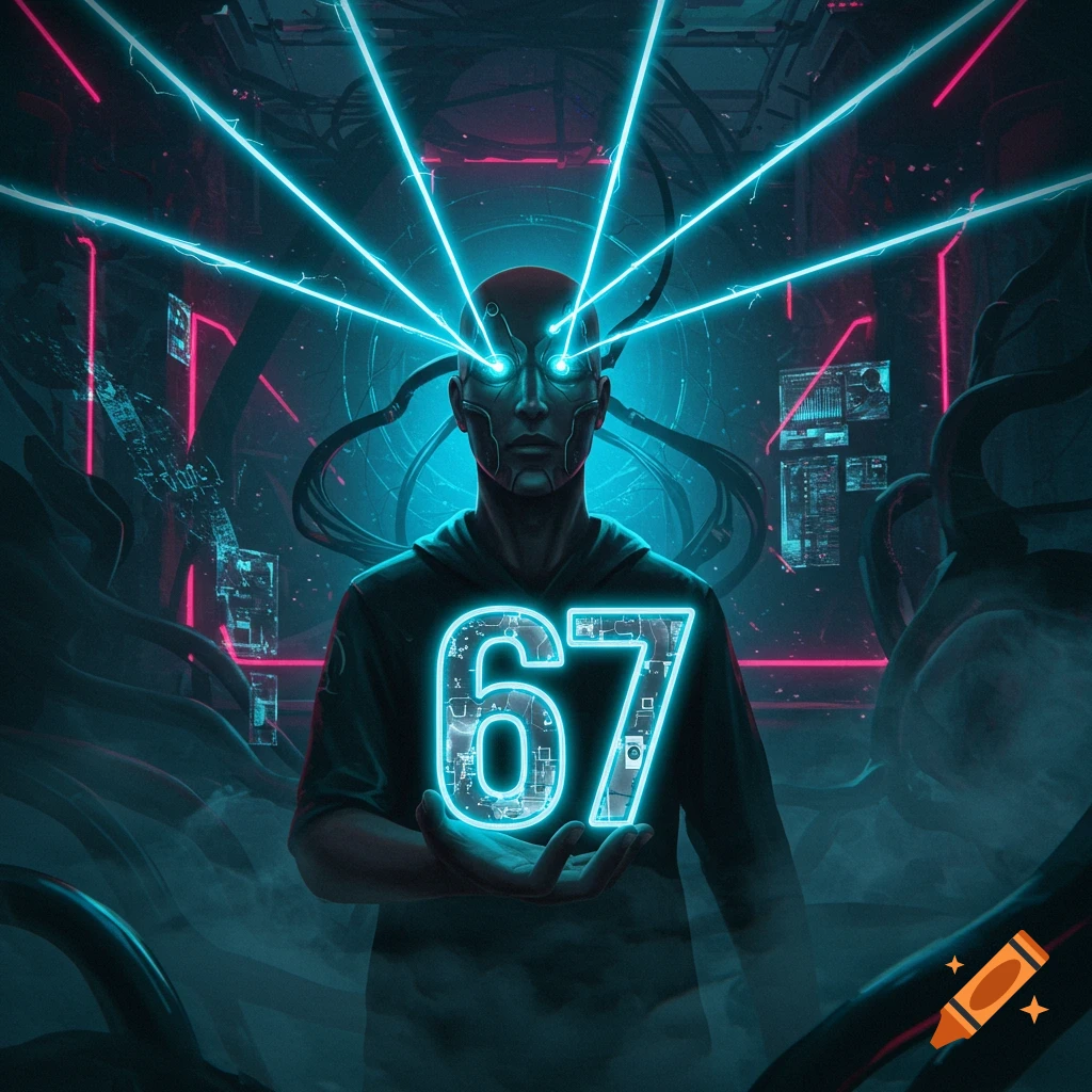A cyberpunk figure with glowing eyes shooting lasers, holding a glowing number '67' in a dark, neon-lit futuristic setting.