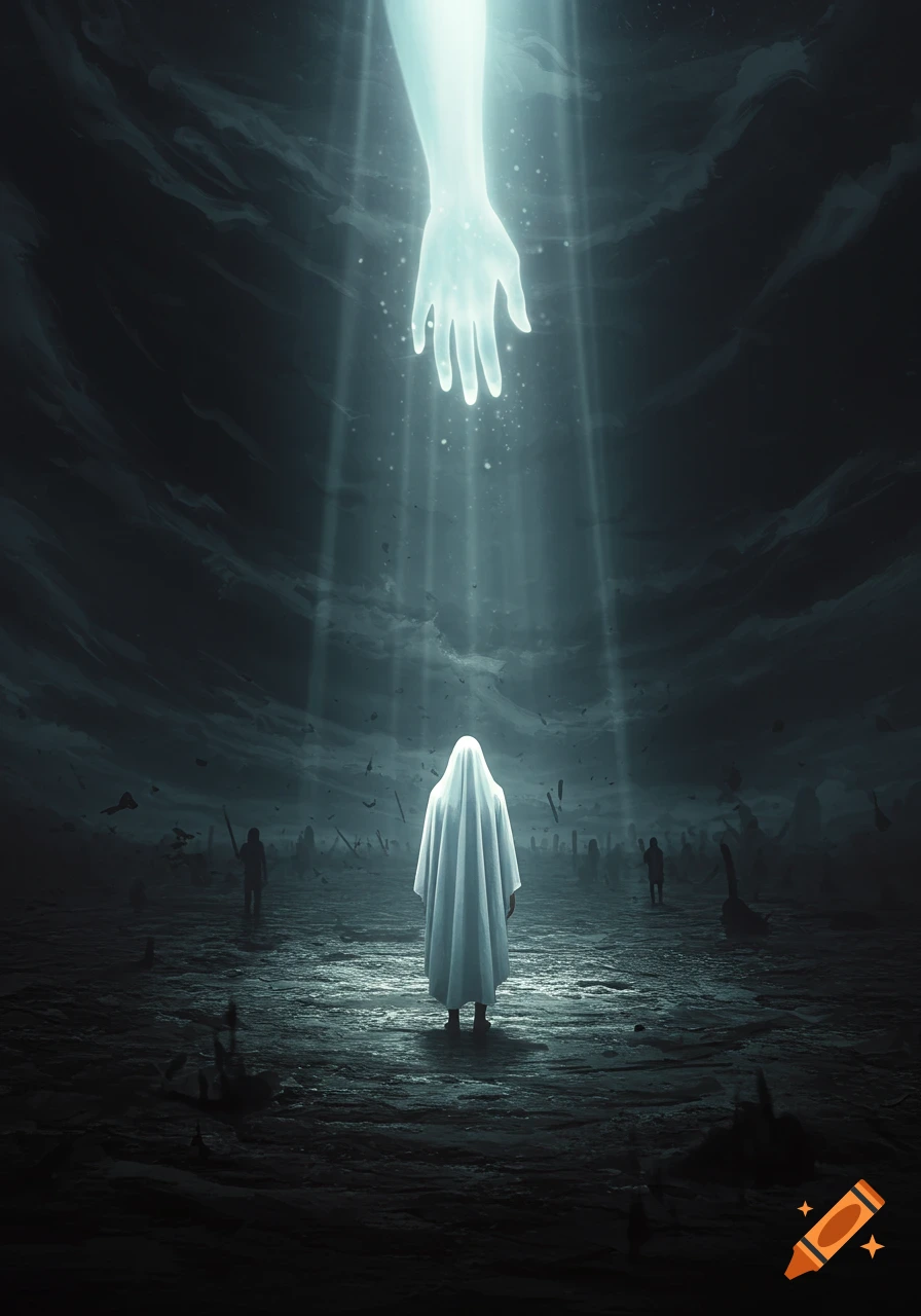A person in a white robe stands in a dark, chaotic world, looking up at a glowing hand reaching down from the sky.