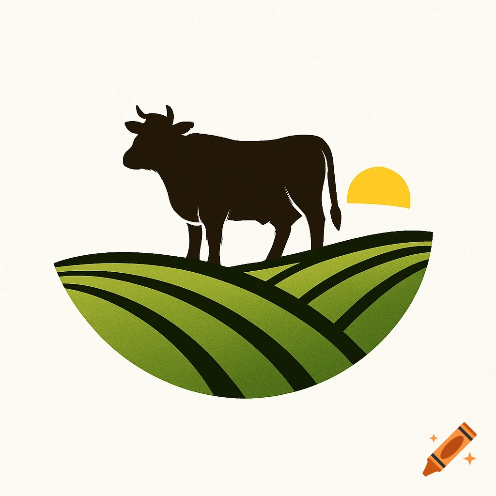Stylized logo of a dark brown cow standing on green contoured fields with a yellow sun in the background.