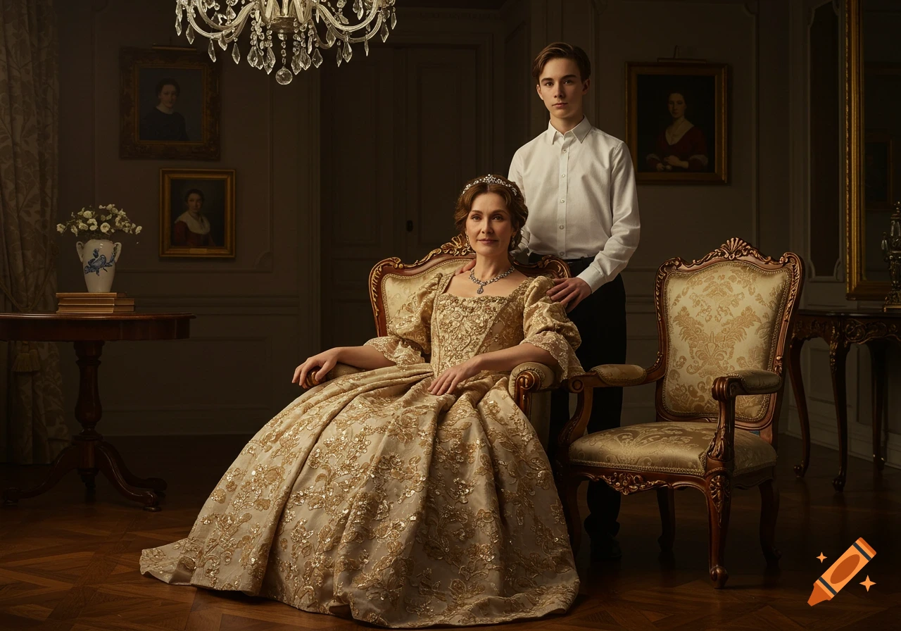 Woman in gold gown sits in ornate chair, young man stands beside her in a luxurious, dimly lit room with paintings and a chandelier.