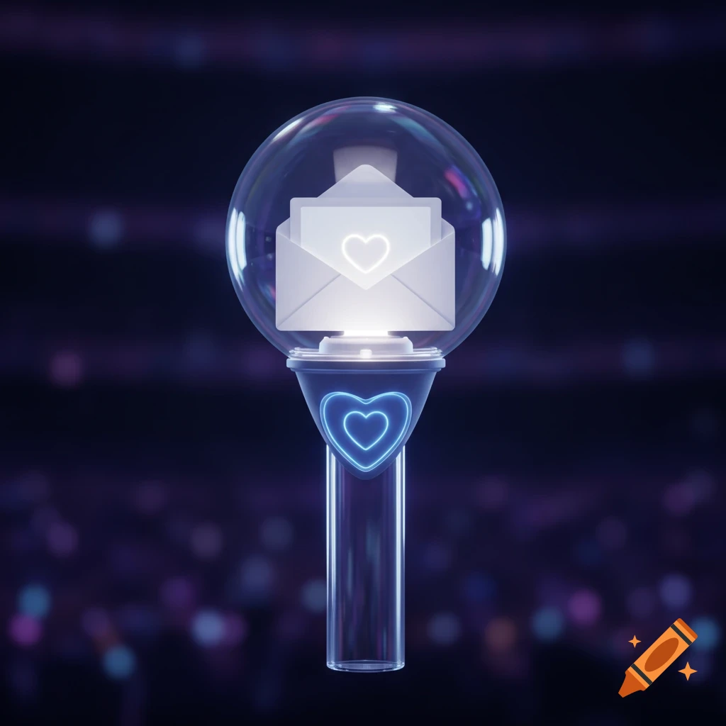 A glowing concert lightstick with a blue heart button, and a clear bubble encasing a white envelope with a glowing heart, against a dark, bokeh background.