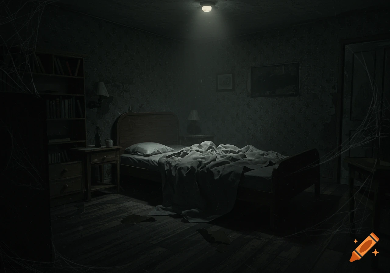 A dark, eerie bedroom with a single overhead light, an unmade bed, cobwebs, and old furniture, in a horror style.