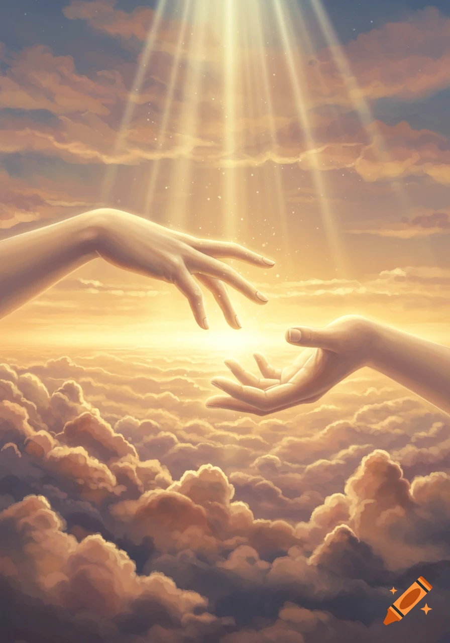 Two hands reach out from the sky, illuminated by bright sun rays amidst golden clouds, in an illustrative style.