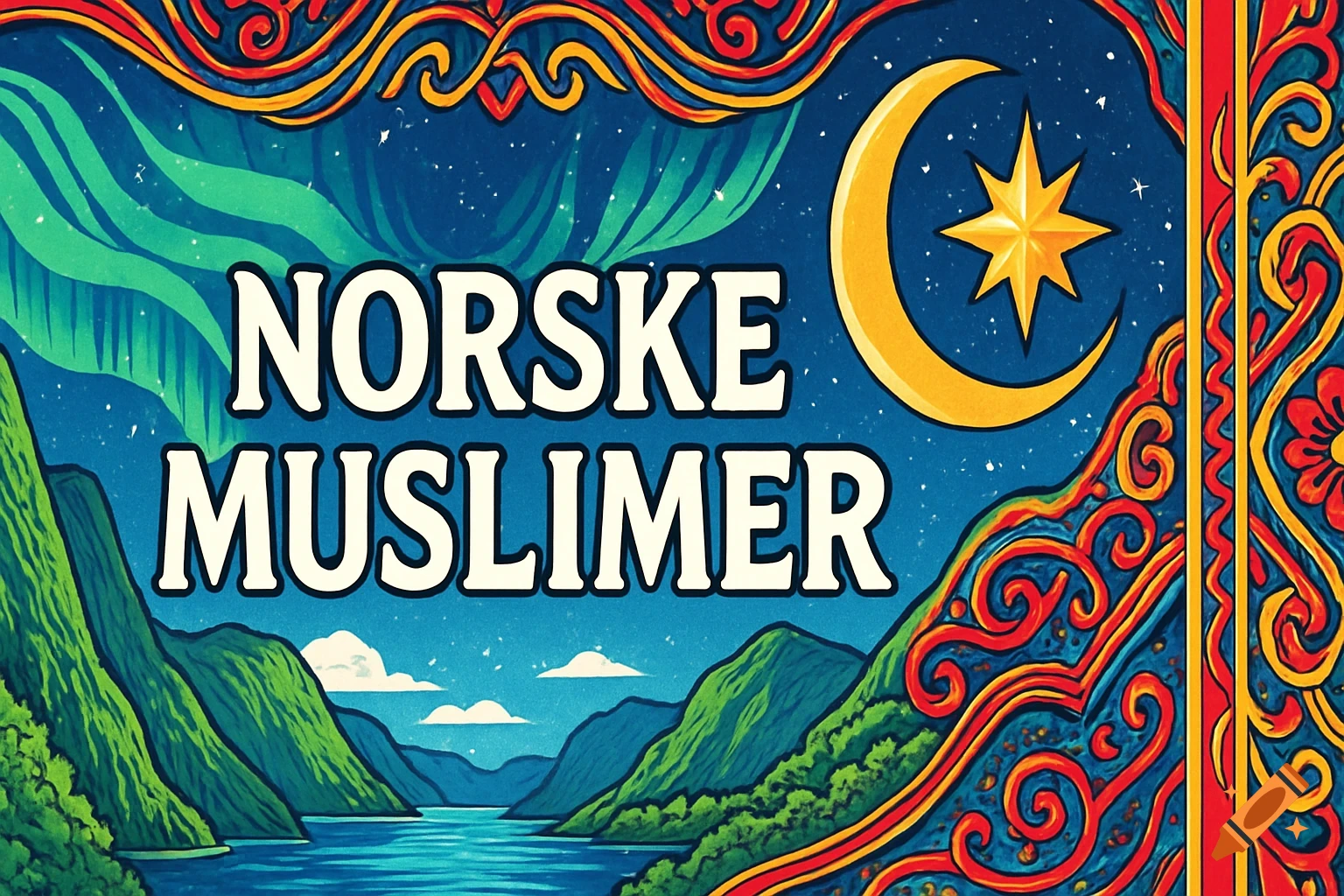 Animation-style illustration of a Norwegian fjord at night with aurora borealis, a crescent moon, and a star, framed by colorful folk art borders. Text reads 'NORSKE MUSLIMER'.