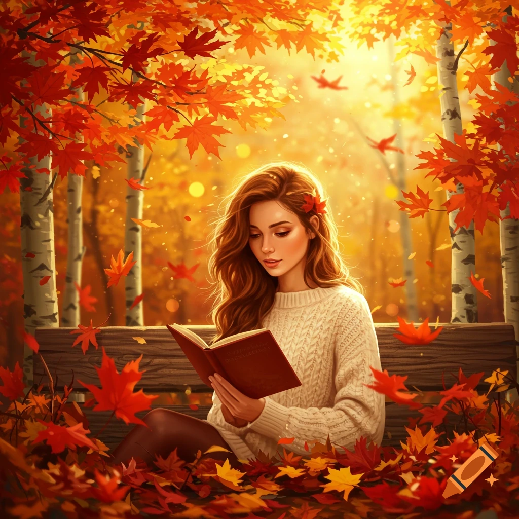 A beautiful young woman with long hair reads a book on a bench surrounded by vibrant red and orange autumn leaves in a forest.