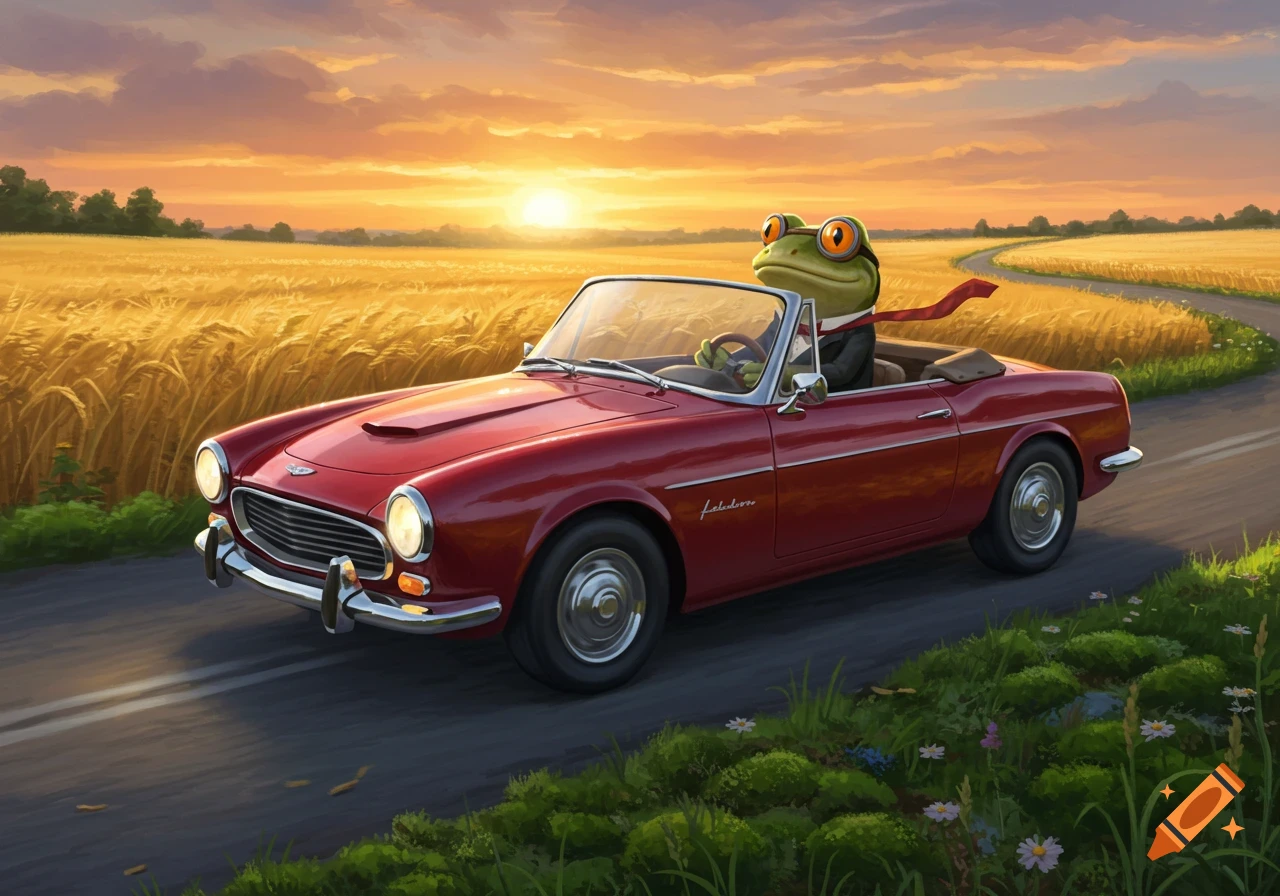 A cartoon frog in a suit and goggles drives a red vintage convertible car through a golden wheat field at sunset.