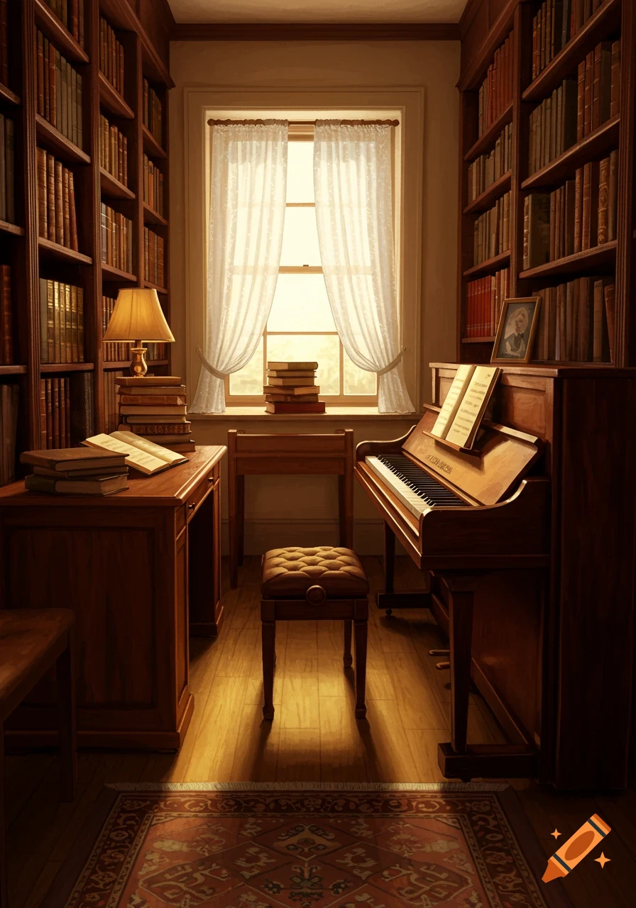 A cozy, sunlit room with tall bookshelves, a grand piano, and a wooden desk, centered around a bright window with sheer curtains.