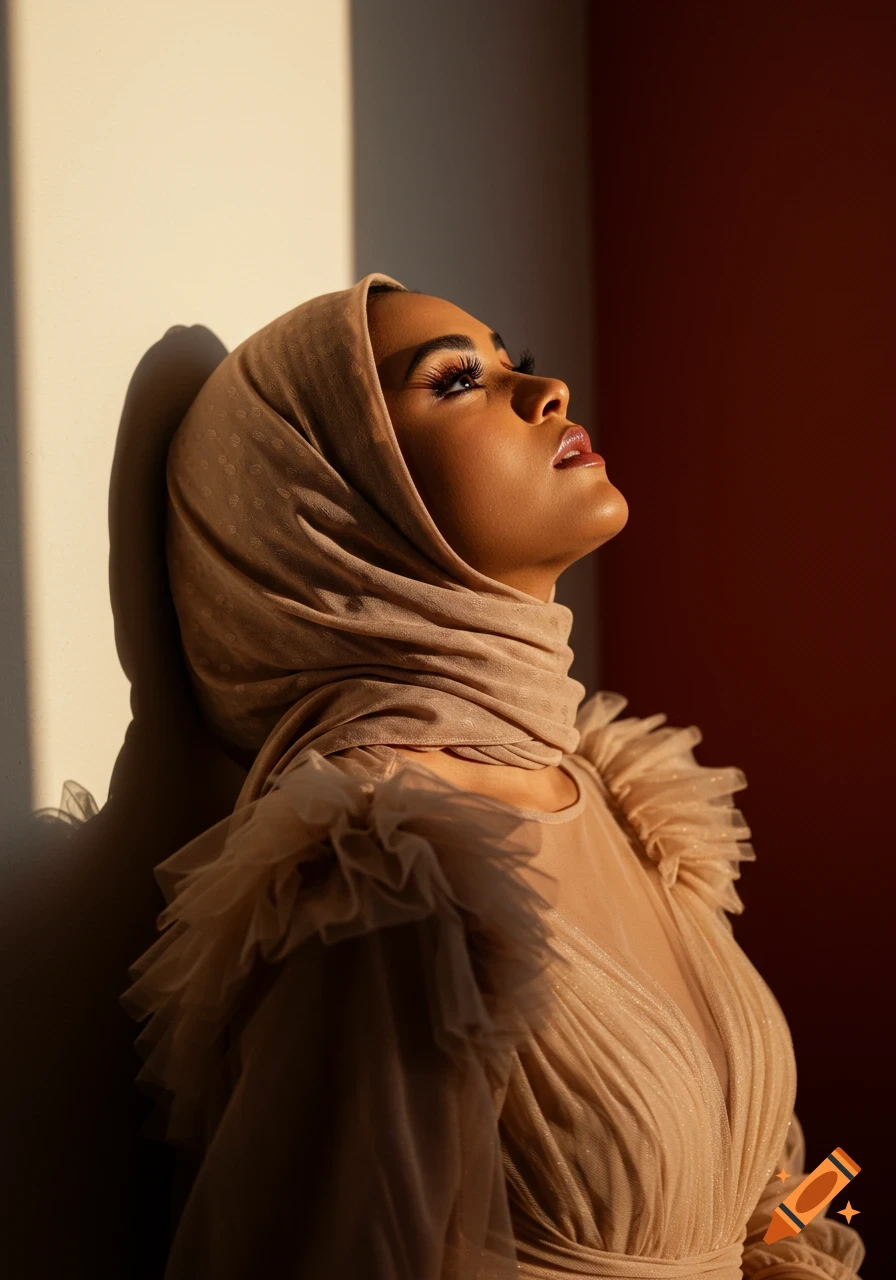 A woman in a beige hijab and ruffled dress looks up, bathed in warm golden hour sunlight with dramatic shadows.
