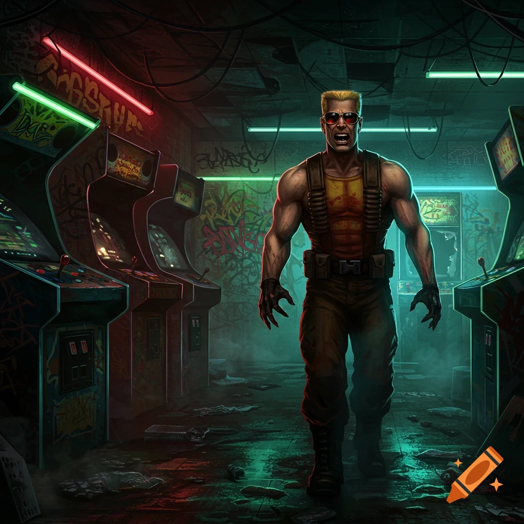Duke Nukem walks through a dark, gritty, neon-lit arcade covered in graffiti and debris, in an illustrated style.