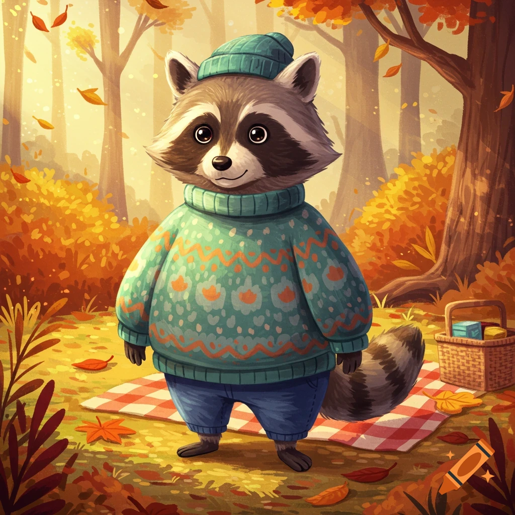 A cute cartoon raccoon wearing a teal sweater and beanie stands on a picnic blanket in an autumn forest with falling leaves.