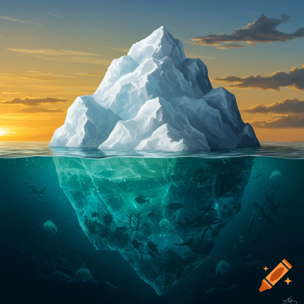 A surreal illustration of a large iceberg, with a vibrant underwater view full of sea creatures and coral, beneath a sunset sky.
