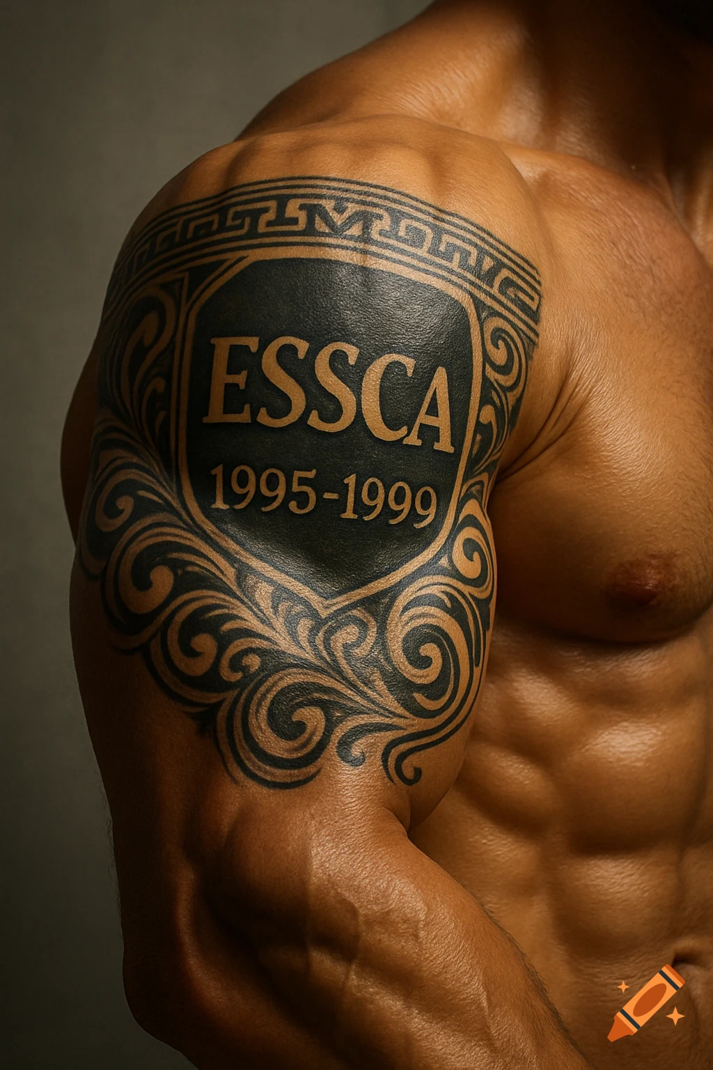 Close-up of a muscular man's arm and torso, featuring a large black and gold tattoo with "ESSCA 1995-1999" on his shoulder.