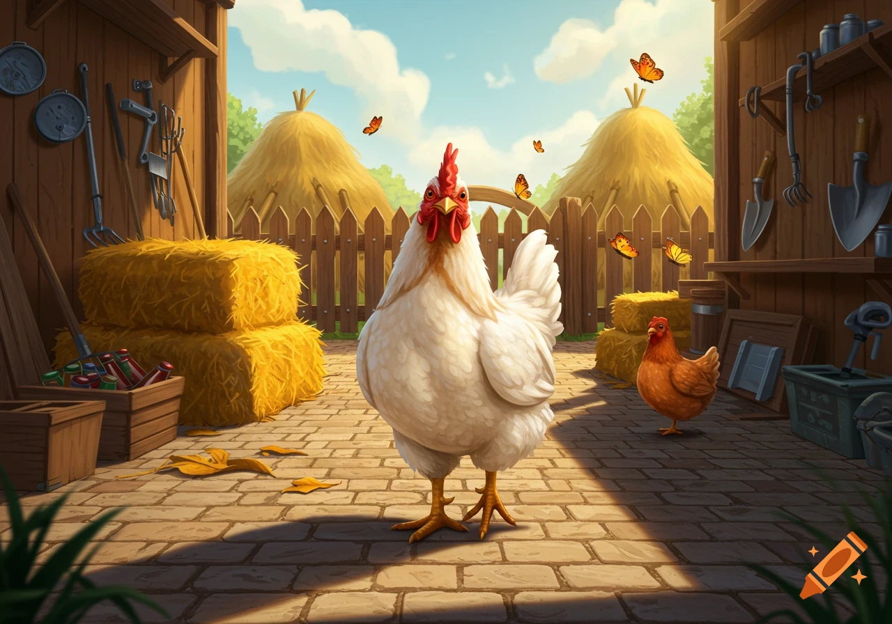 Large white chicken on a brick path in a sunny farmyard with a brown chicken, hay bales, and barn tools. Illustrated style.