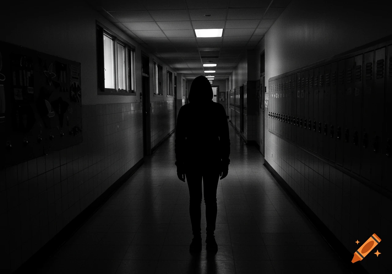Silhouetted student stands centered in a dark, empty school hallway, rendered in black and white.