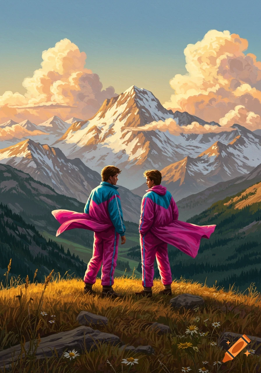 Two men in colorful 90s windsuits stand on a grassy mountain, looking at snow-capped peaks and a cloudy sky.
