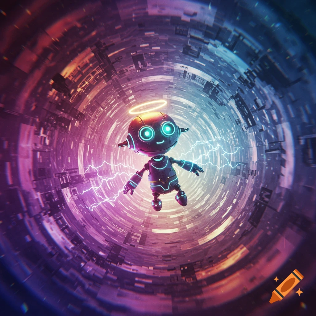 A cute, stylized robot with a halo floats through a vibrant, futuristic tunnel with purple and blue lights and electric arcs.