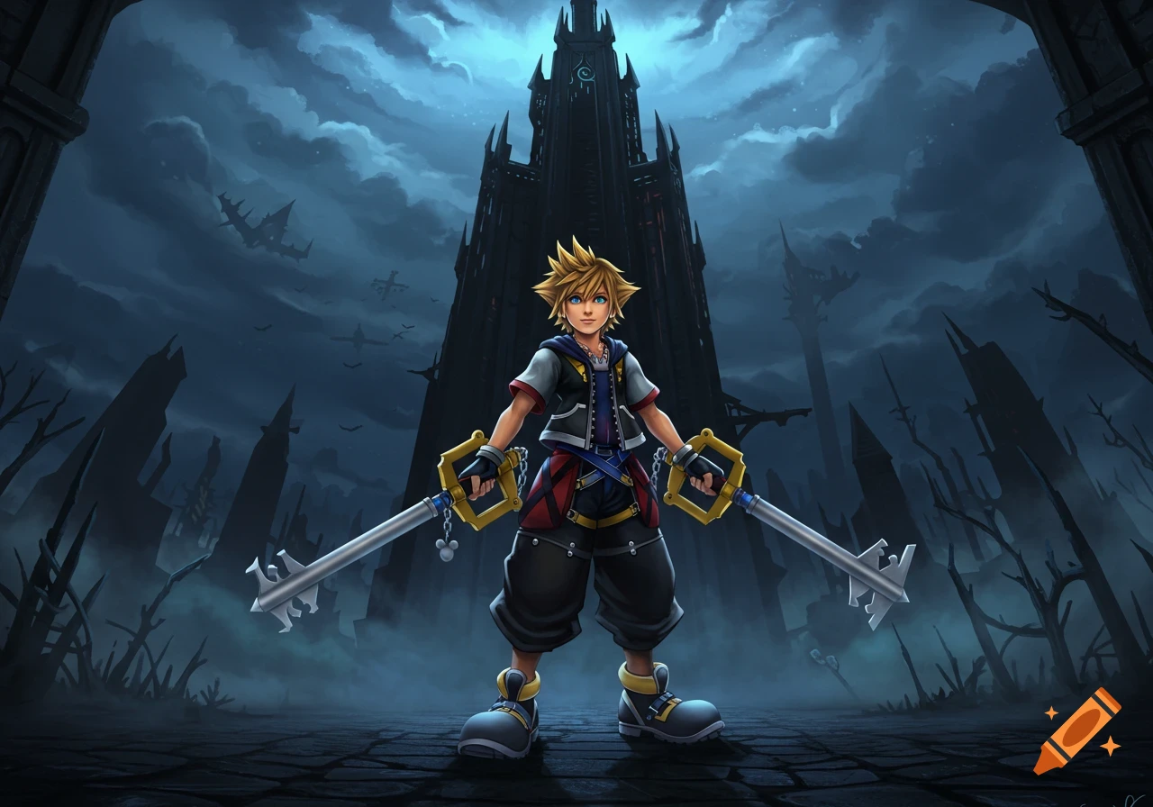 A boy with spiky blonde hair wields two Keyblades, standing heroically before a dark skyscraper under a stormy sky.