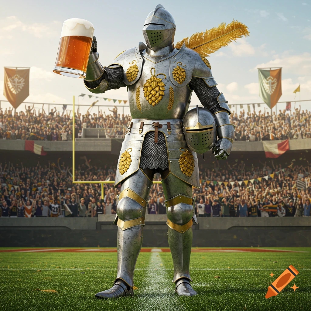 A knight in full armor holding a large stein of beer stands on a football field in a stadium filled with a cheering crowd.