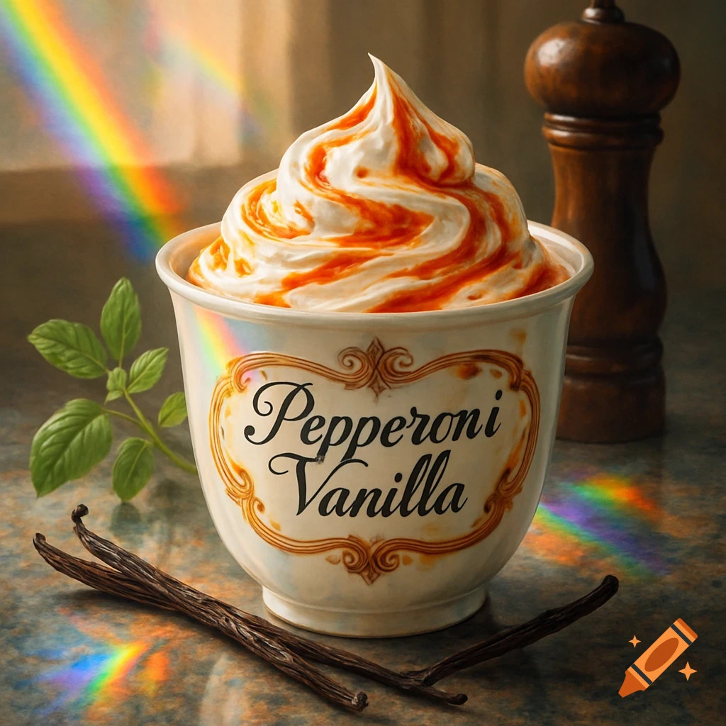 Photorealistic image of a white cup of whipped cream with orange swirls, labeled "Pepperoni Vanilla". Vanilla beans and a plant are next to it, under rainbow light.
