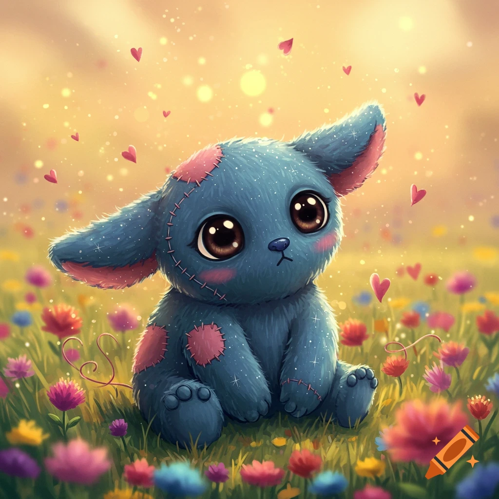 A cute blue plush creature with stitched patches and large brown eyes sits among colorful flowers with hearts floating in a golden field.