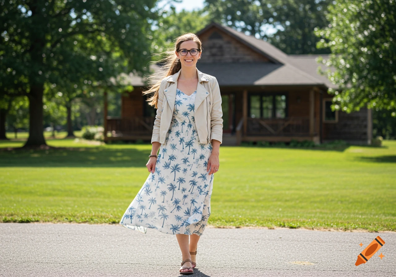 A smiling woman with glasses and a cream jacket over a white palm tree print dress walks outdoors on a sunny day.