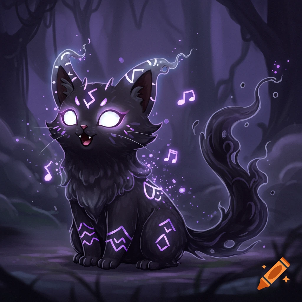 A stylized black cat monster with glowing purple eyes, runes, and musical notes, sitting in a dark, misty fantasy forest.